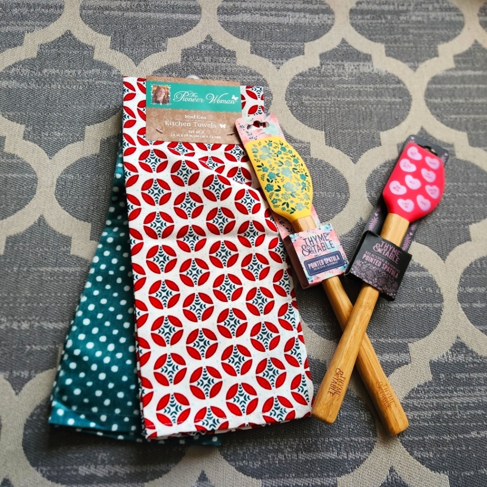 The Pioneer Woman kitchen towels 2-pk and Thyme & Table Spatulas x2